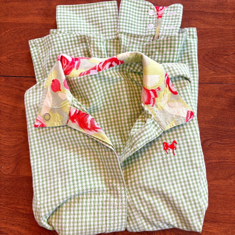 Middy N' Me-- Floral on Green Plaid Equestrian Button Down Shirt (Size 10)